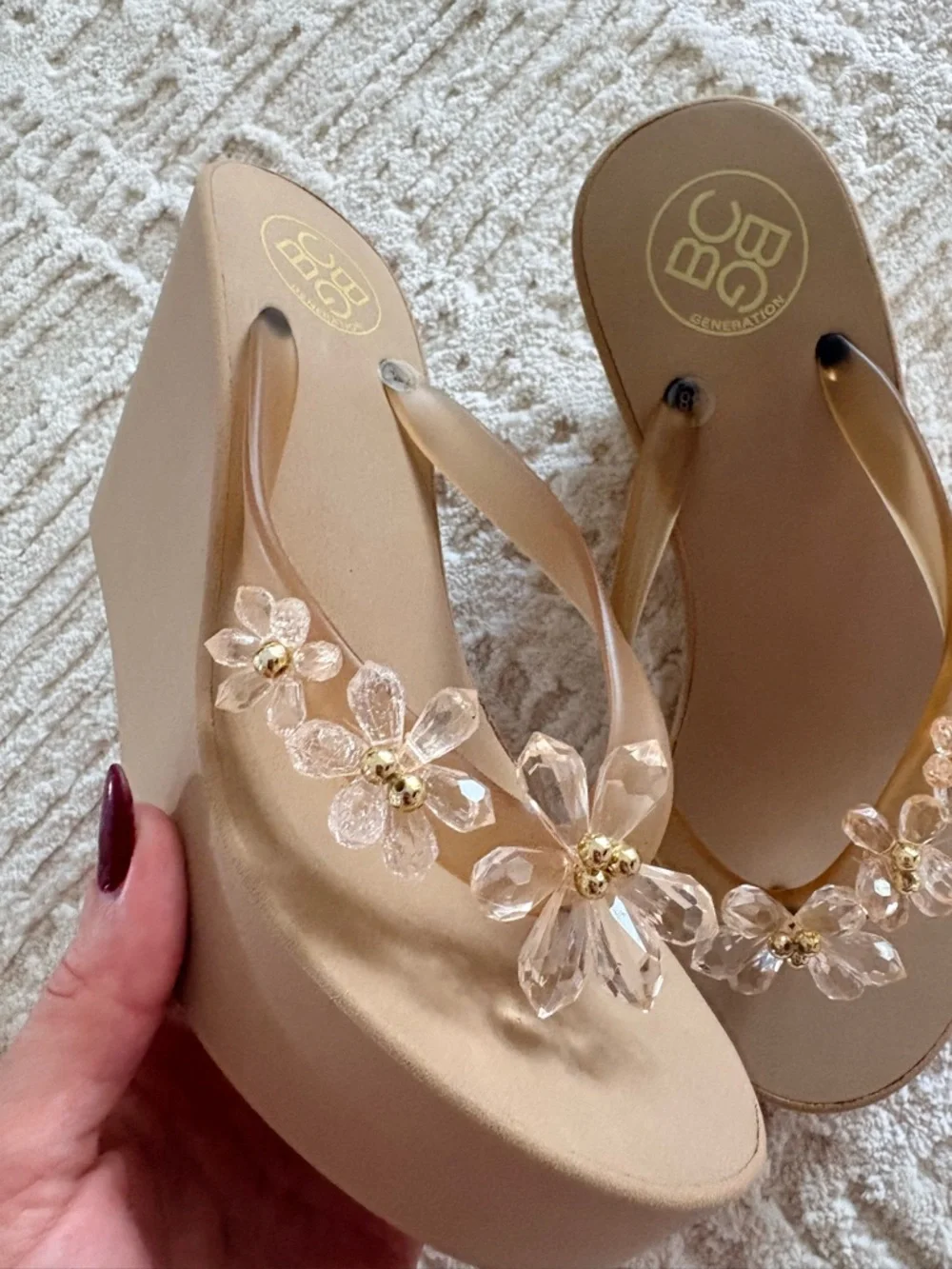 BCBG Tan Platform Flip Flop Sandals with Clear Floral Embellishments